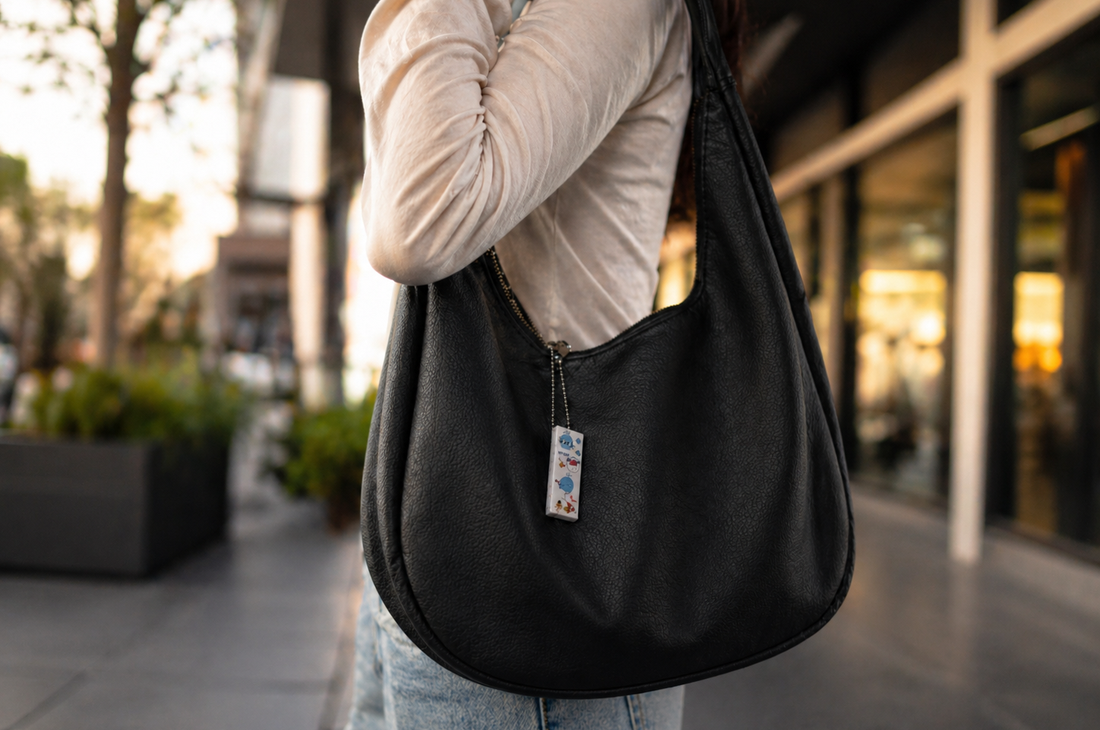 Echo Mini portable AI note taker hanged to a bag for everyday use