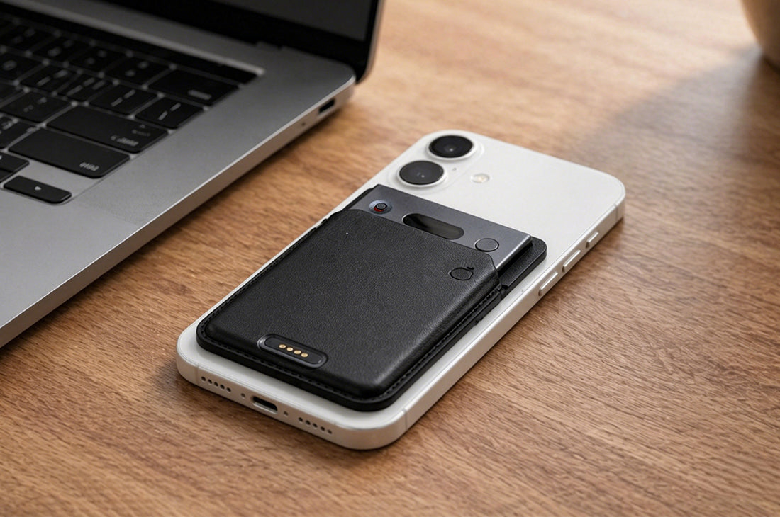 Echo Pro AI note taker attached to a smartphone for meeting recording