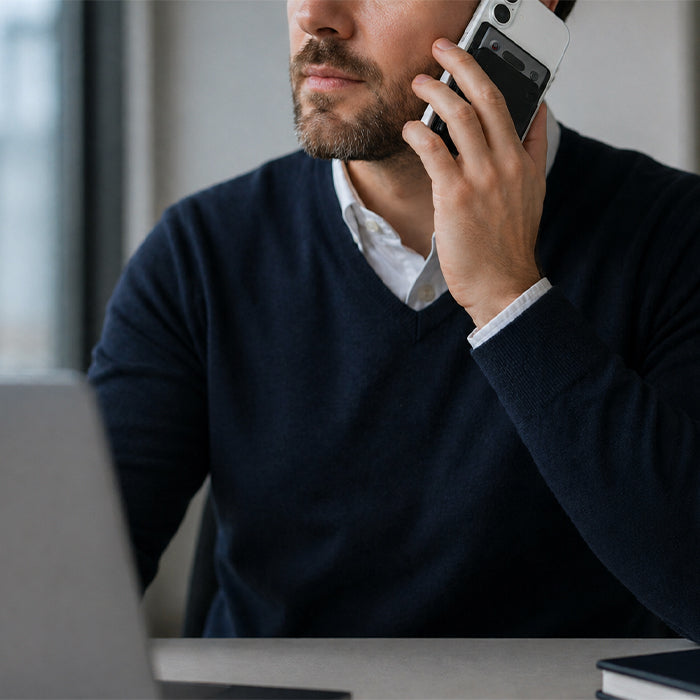 Echo Pro AI note taker attached to a smartphone for phone call recording